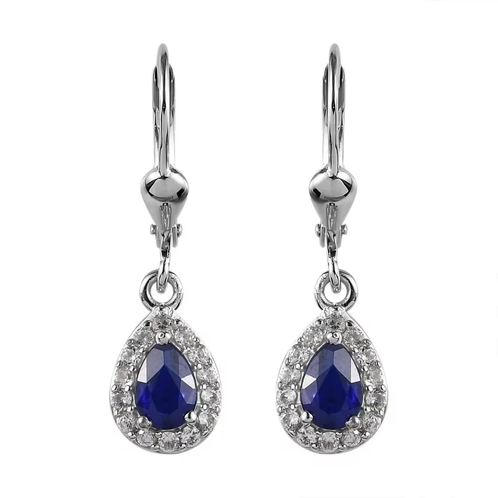 Natural Blue Spinel & White Zircon Halo Dangle Earrings In 925 Sterling Silver